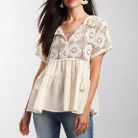 Altar'd State Tops - Altar’d state crochet cream peplum top size M - 100% cotton